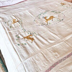 Hand Embroidered Deer & Crochet Silk Bedcover Bedspread 58 x 81"